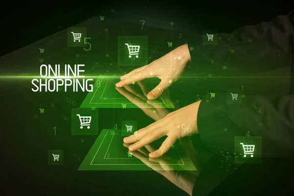 Online Winkelen Met Online Shopping Inscriptie Concept Met Winkelwagentjes Pictogrammen — Stockfoto