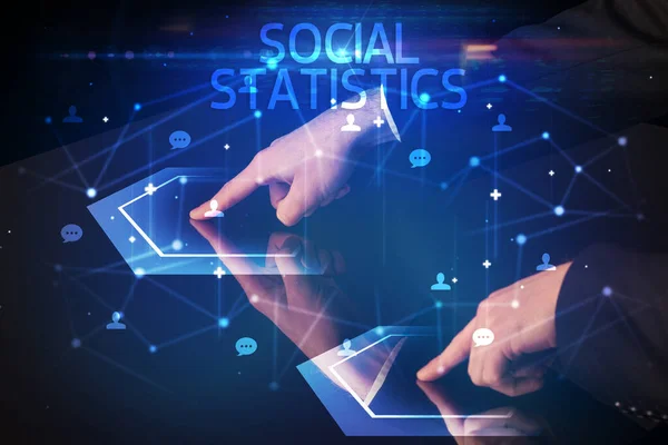 Navigeer Door Sociale Netwerken Met Sociale Statistieken Inscriptie Nieuw Media — Stockfoto
