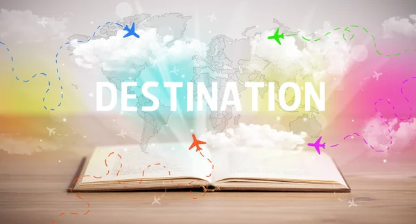 Open Book Destination Inscription Vacation Concept — Stock Photo, Image