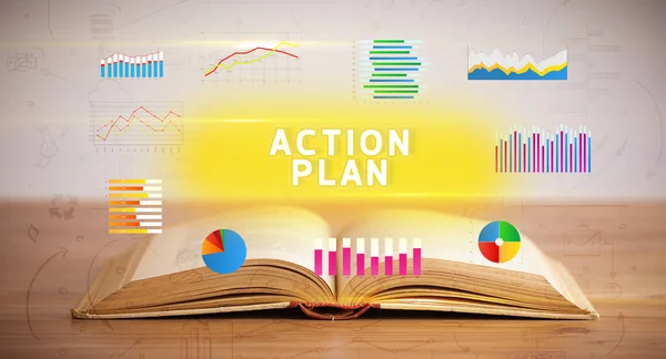 Öppen Bok Med Action Plan Inskription Nytt Affärskoncept — Stockfoto