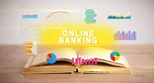 Otevřená Kniha Nápisem Online Banking Nový Obchodní Koncept — Stock fotografie