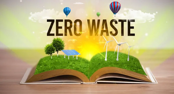 Ανοικτό Βιβλίο Επιγραφή Zero Waste Έννοια Των Ανανεώσιμων Πηγών Ενέργειας — Φωτογραφία Αρχείου