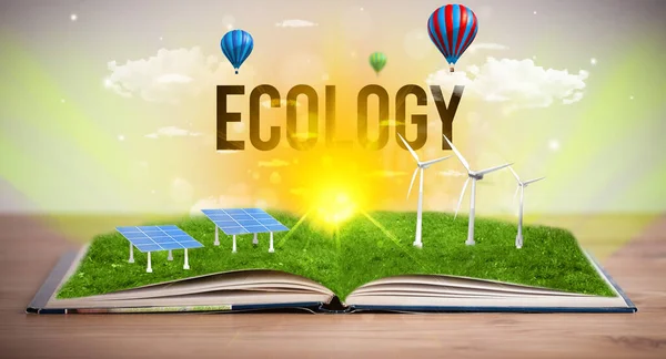 Otwarta Książka Napisem Ecology Koncepcja Energii Odnawialnej — Zdjęcie stockowe