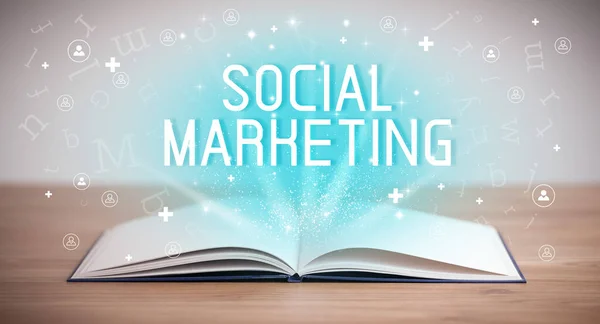 Sosyal Marketing Yazıtları Sosyal Medya Kavramı Ile Açık Kitap — Stok fotoğraf