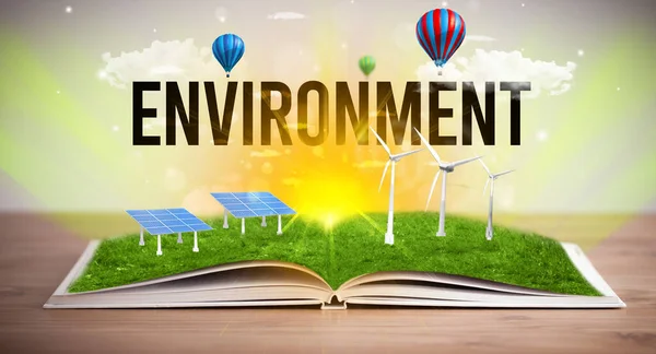 Ανοικτό Βιβλίο Επιγραφή Περιβαλλον Έννοια Των Ανανεώσιμων Πηγών Ενέργειας — Φωτογραφία Αρχείου