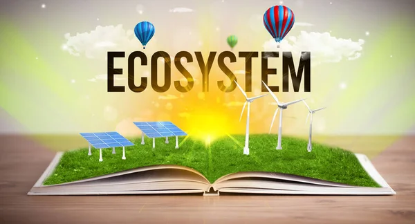 Open Boek Met Ecosystem Inscriptie Concept Hernieuwbare Energie — Stockfoto