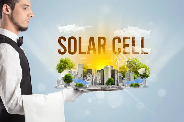 Waiter Serving Eco City Solar Cell Inscription Renewabke Energy Concept — Stock Photo, Image
