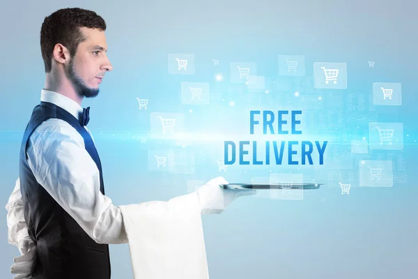 Pincér Szolgálja Ingyenes Delivery Felirat Online Vásárlási Koncepció — Stock Fotó