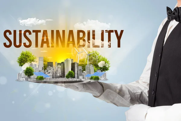 Garçom Servindo Eco Cidade Com Inscrição Sustentabilidade Conceito Energia Renovável — Fotografia de Stock