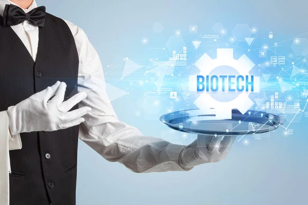 Waiter Serving New Technology Concept Biotech Inscription — Stock Photo, Image