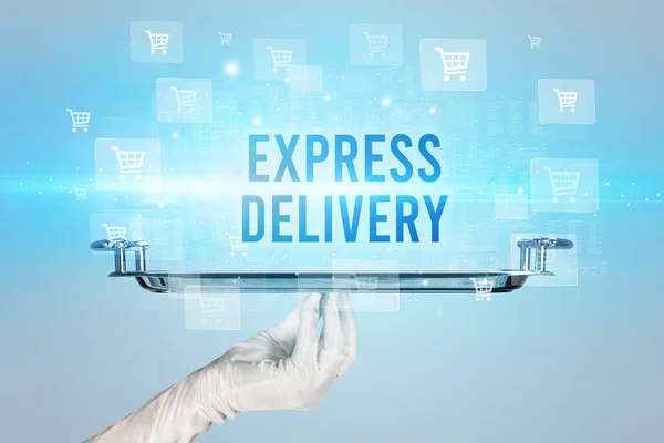 Waiter Serving Express Delivery Inscription Online Shopping Concept — Stock Photo, Image