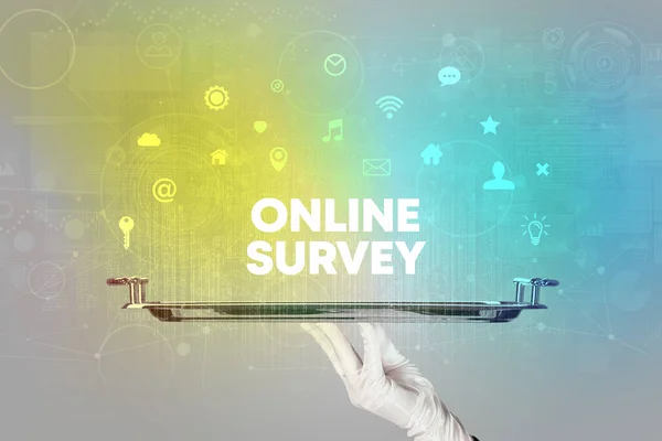 Garçom Servindo Redes Sociais Com Inscrição Online Survey Novo Conceito — Fotografia de Stock