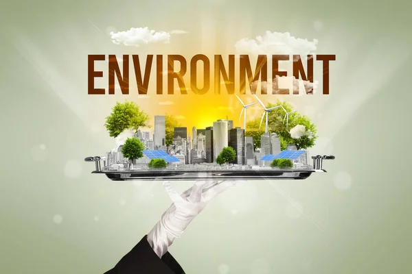 Garçom Servindo Eco Cidade Com Inscrição Ambiente Conceito Energia Renovável — Fotografia de Stock