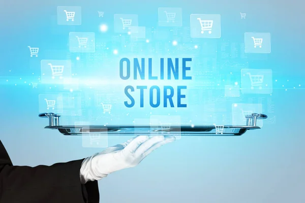 Garçom Servindo Online Store Inscrição Conceito Compras Line — Fotografia de Stock