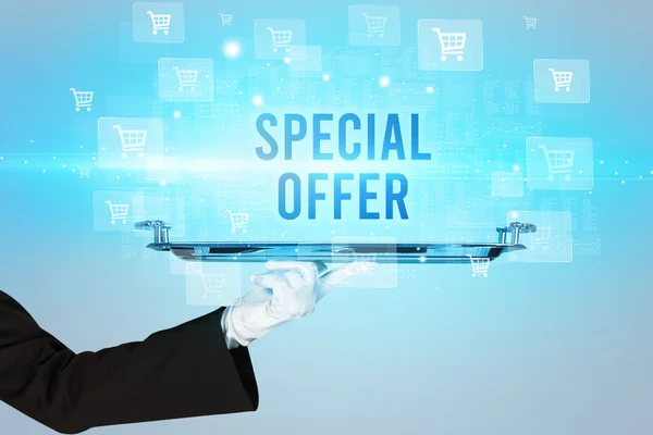 Servitör Serverar Special Erbjudanden Inskription Online Shopping Koncept — Stockfoto