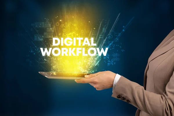 用Digital Workflow登记 创新技术概念的触摸屏的特写 — 图库照片