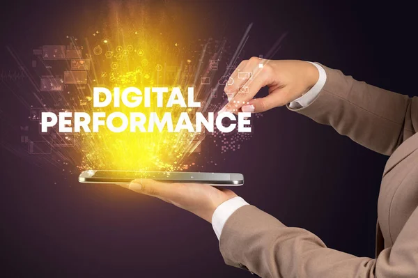 Zbliżenie Ekranu Dotykowego Napisem Digital Performance Koncepcja Innowacyjnej Technologii — Zdjęcie stockowe