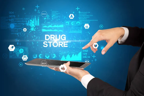 Close Touchscreen Drug Store Inscription Medical Concept — Stock Photo, Image