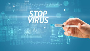 Şırınga iğnesi ile virüs aşısı ve STOP VIRUS yazıtları, panzehir konsepti