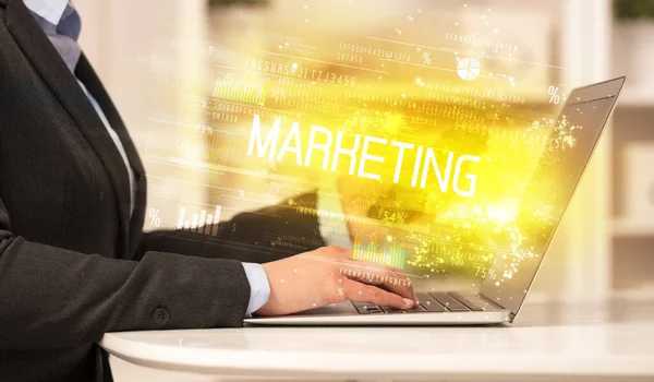 Closeup Businessman Hands Working Laptop Marketing Inscription Succesfull Business Concept — Stock Photo, Image