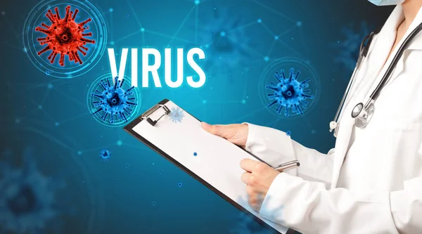 Lekarz Przepisuje Receptę Napisem Virus Koncepcja Pandemii — Zdjęcie stockowe