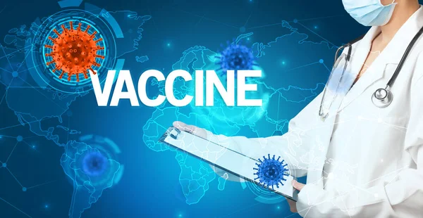 Lekarz Wypełnia Dokumentację Medyczną Napisem Vaccine Koncepcją Wirusologii — Zdjęcie stockowe