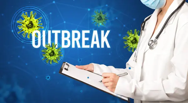 Läkare Ordinerar Recept Med Outbreak Inskription Pandemi Koncept — Stockfoto