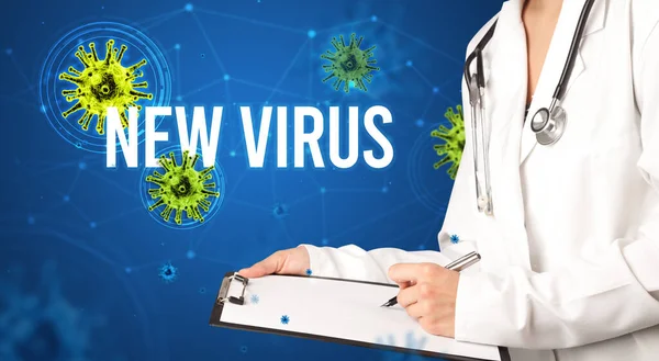 Arzt Verschreibt Ein Rezept Mit Neuem Virus Schriftzug Pandemiekonzept — Stockfoto