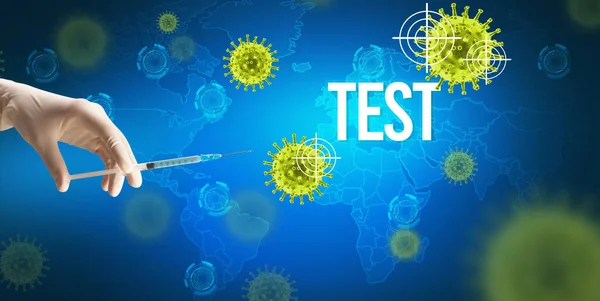 의사들이 주사기를 Test 코로나 바이러스 해독제 컨셉트를 장갑을 — 스톡 사진