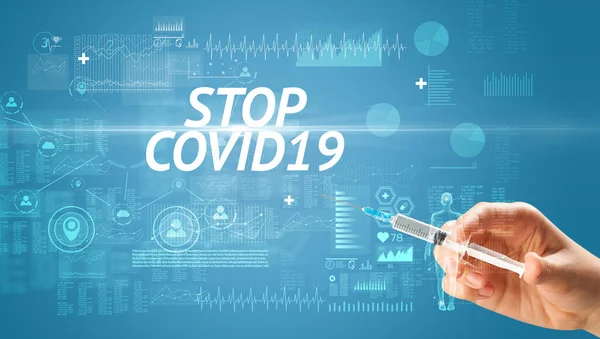 Aguja Jeringa Con Vacuna Contra Virus Inscripción Stop Covid19 Concepto — Foto de Stock