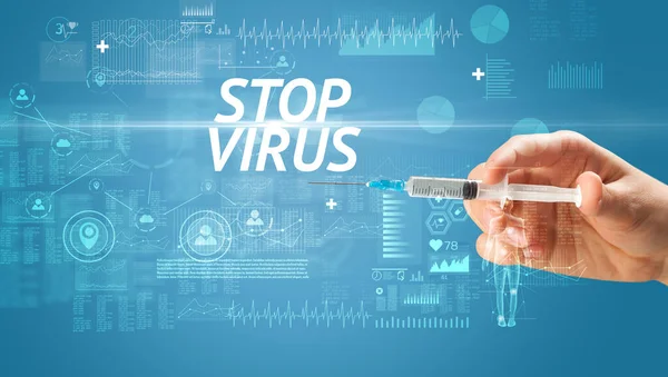 Şırınga Iğnesi Ile Virüs Aşısı Stop Virus Yazıtları Panzehir Konsepti — Stok fotoğraf