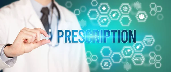 Közelkép Egy Orvosról Aki Prescription Felirattal Ellátott Tablettát Önnek Orvosi — Stock Fotó