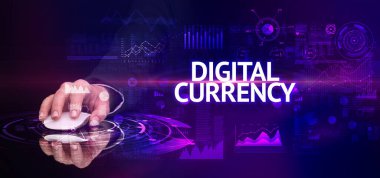 Dijital CURRENCY yazıtları ve modern teknoloji konseptiyle el ele tutuşmak