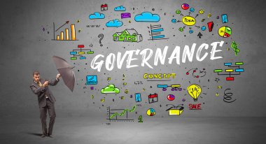 Şemsiyenin arkasına saklanan azimli iş adamı GOVERNANCE yazıtları, yeni iş konsepti