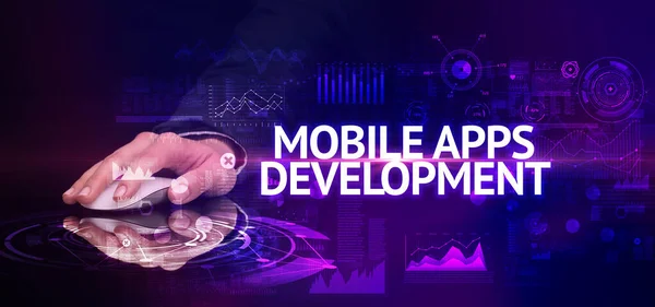 Hand Houden Draadloos Perifeer Met Mobile Apps Ontwikkeling Inscriptie Moderne — Stockfoto