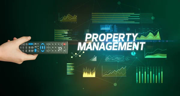 Hand Houden Draadloos Perifeer Met Property Management Inscriptie Cyber Business — Stockfoto