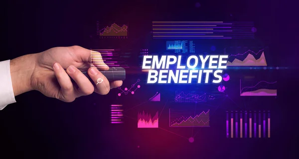Kézi Tárolás Vezeték Nélküli Periférián Employee Benefits Felirattal Számítógépes Üzleti — Stock Fotó