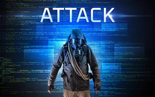 Hacker Tanpa Wajah Dengan Tulisan Attack Latar Belakang Kode Biner — Stok Foto