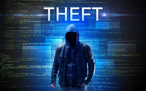 Faceless Hacker Theft Inscription Binary Code Background — Stock Photo, Image