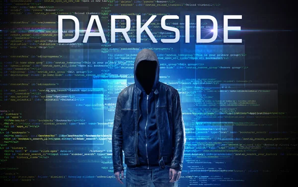 Gesichtsloser Hacker Mit Darkside Aufschrift Auf Binärem Code Hintergrund — Stockfoto