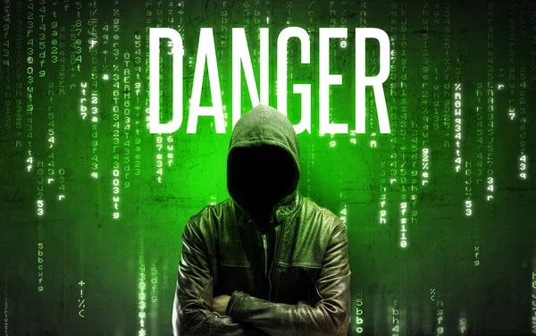 Безликий Хакер Написом Danger Концепція Злому — стокове фото