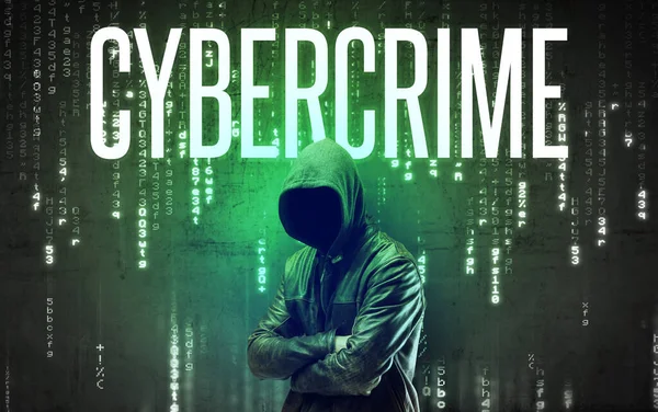 Gezichtloze Hacker Met Cybercrime Inscriptie Hacken Concept — Stockfoto