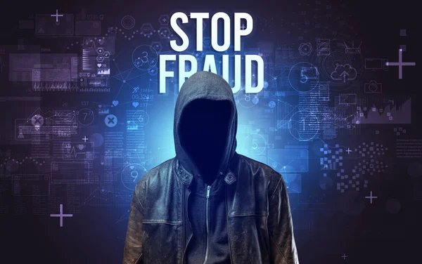 Gezichtloze Man Met Stop Fraud Inscriptie Online Beveiligingsconcept — Stockfoto