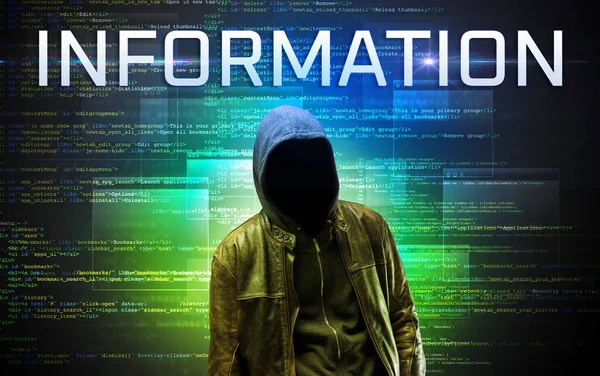 Faceless Hacker Information Inscription Binary Code Background — Stock Photo, Image