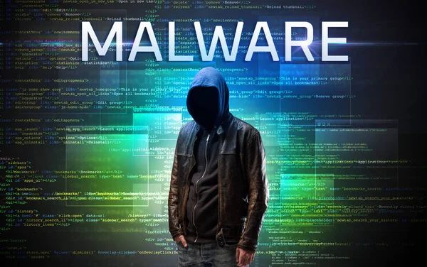 Ansiktslös Hacker Med Malware Inskription Binär Kod Bakgrund — Stockfoto