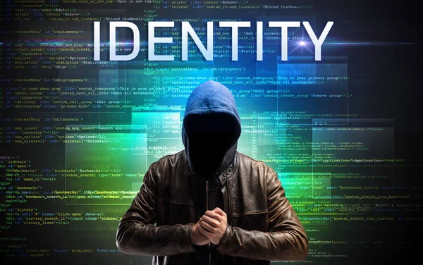 Bezobličejový Hacker Nápisem Identity Pozadí Binárního Kódu — Stock fotografie