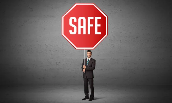 Young Business Person Holding Road Sign Safe Inscription New Rules — Stock Photo, Image