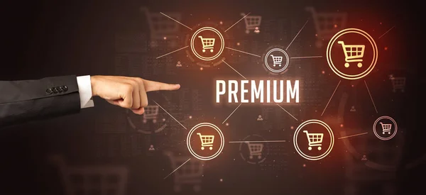 Detailní Záběr Ořezané Ruky Ukazující Nápis Premium Koncept Online Nakupování — Stock fotografie