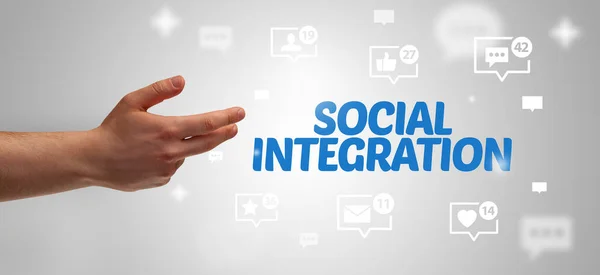 Primer Plano Mano Recortada Apuntando Inscripción Integración Social Concepto Redes — Foto de Stock