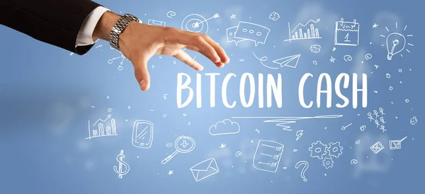 Nahaufnahme Der Abgeschnittenen Hand Die Auf Die Aufschrift Bitcoin Cash — Stockfoto